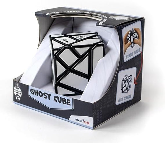 Meffertβs Ghost Cube puzzle in its packaging, featuring a black geometric design with white stickers.