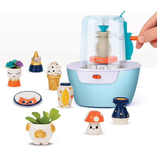 Make It Real Mini Pottery Studio with pottery wheel and colorful finished clay creations including vases, planters, mushroom and dish