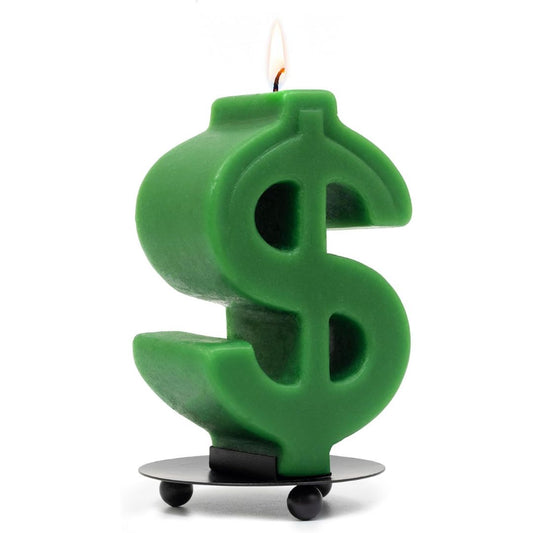 Green dollar sign candle on a white background