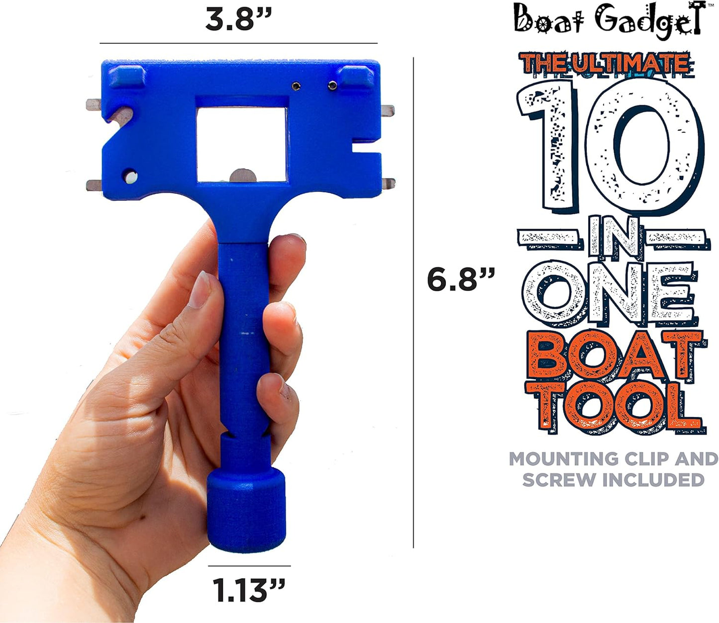 Blue 10-in-1 boat tool held in hand, measuring 6.8 inches tall, 3.8 inches wide, and 1.13 inches thick. Includes a mounting clip and screw.