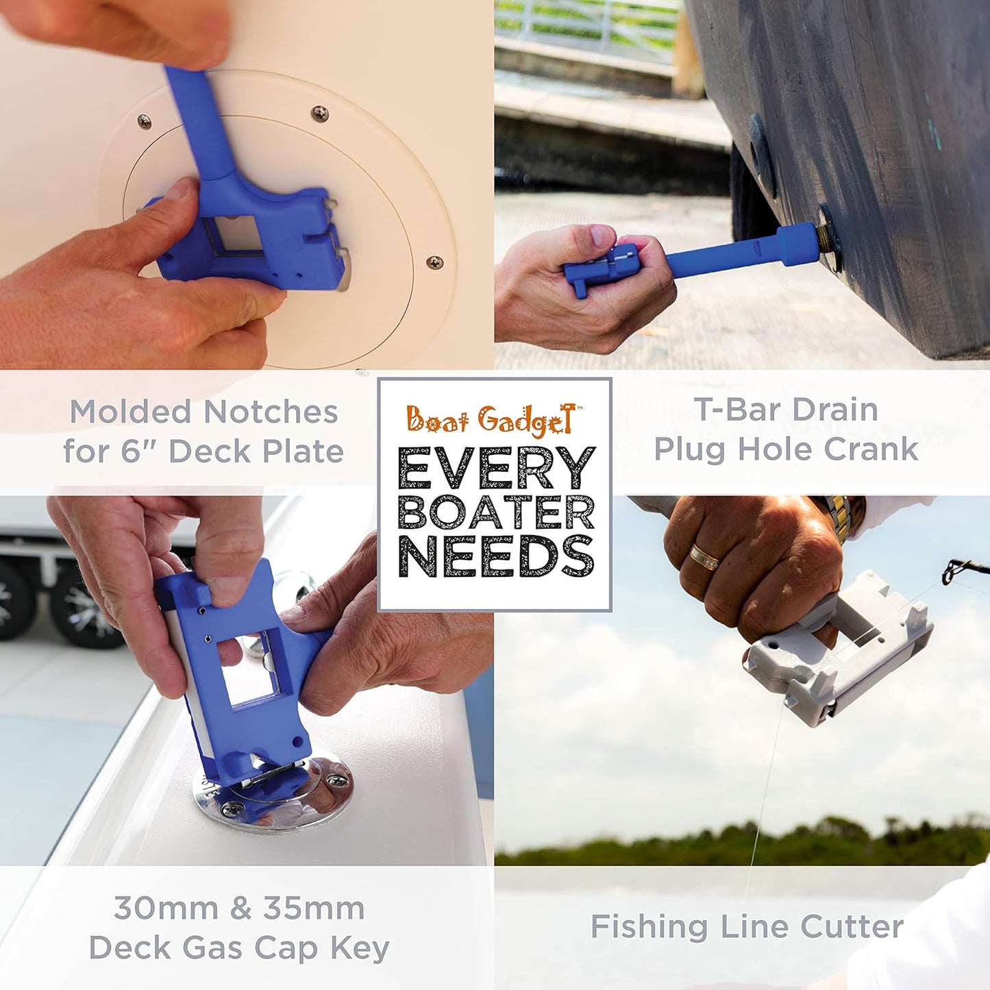 10-in-1 boat tool used for a 6" deck plate, drain plug hole crank, gas cap key, and fishing line cutter. Essential gadget for every boater.