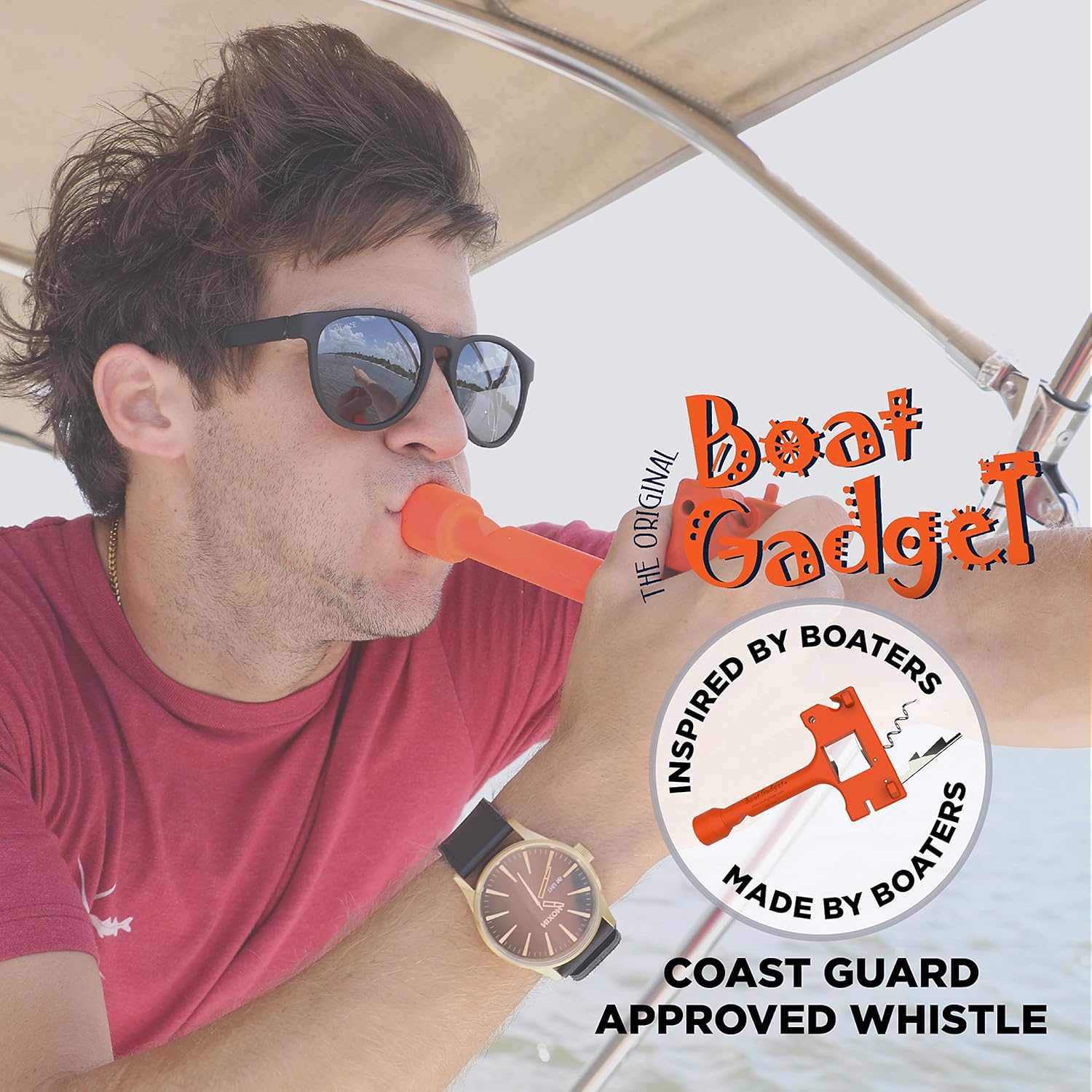Man using an orange Coast Guard-approved whistle, part of a 10-in-1 boat tool. Inspired by boaters, made by boaters. Essential safety gadget.