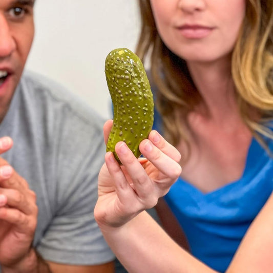 Person holding a mystic pickle with a blurred background
