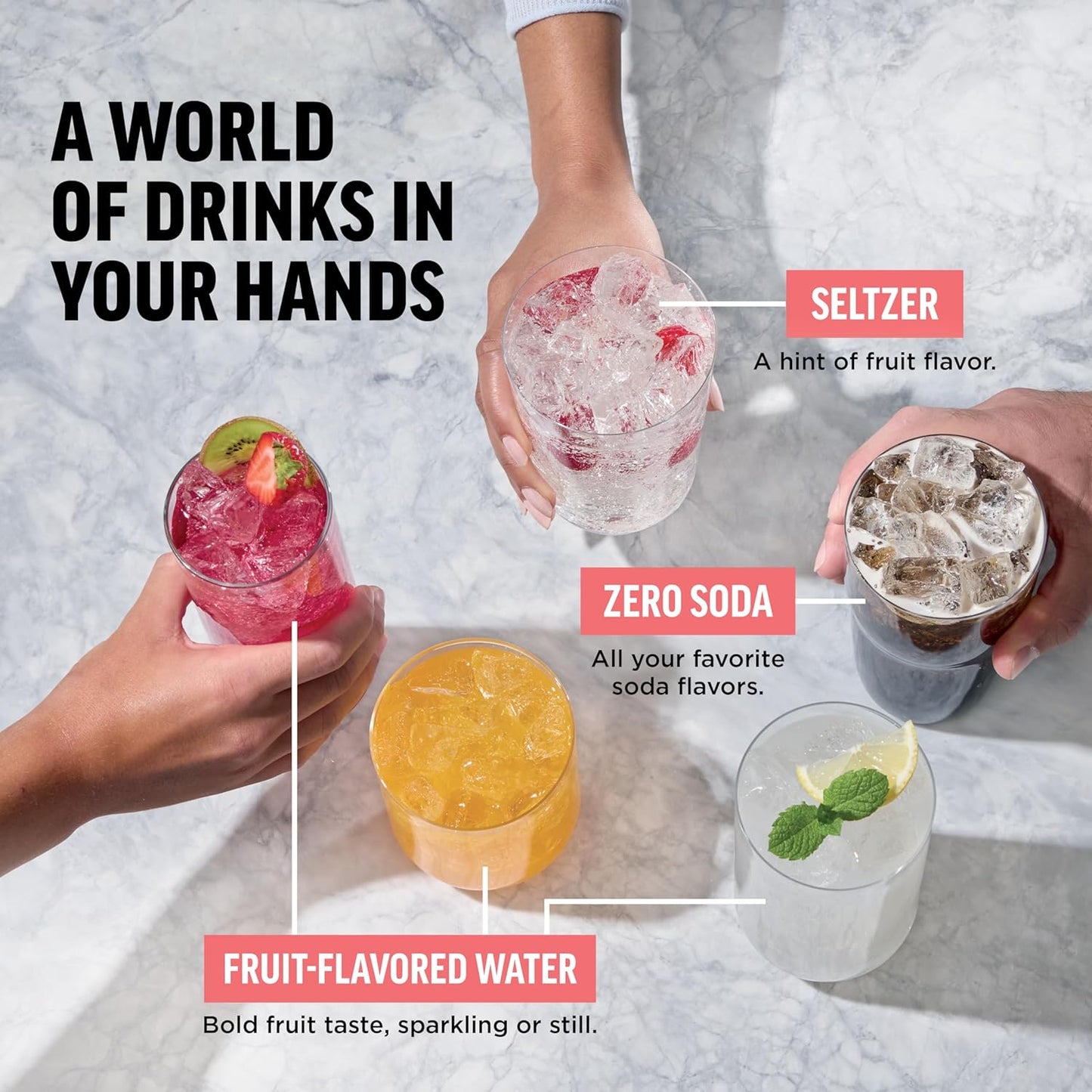 Hands holding different drinks labeled as seltzer, zero soda, and fruit-flavored water on a marble surface with text "A world of drinks in your hands."
