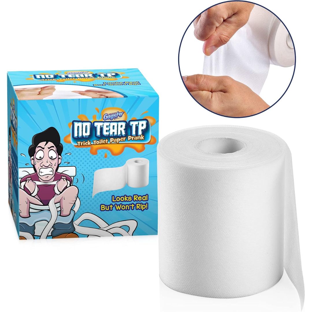 Roll of no tear toilet paper with packaging and close-up of hands using it.