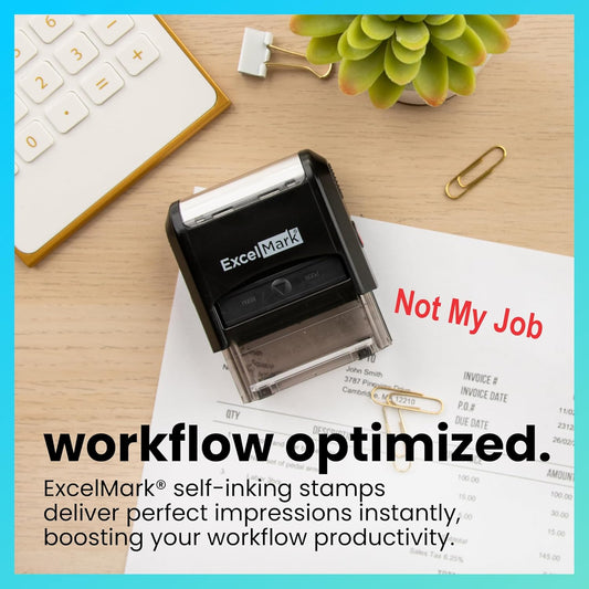 ExcelMark self-inking stamp on a desk with office supplies and text about workflow optimization.