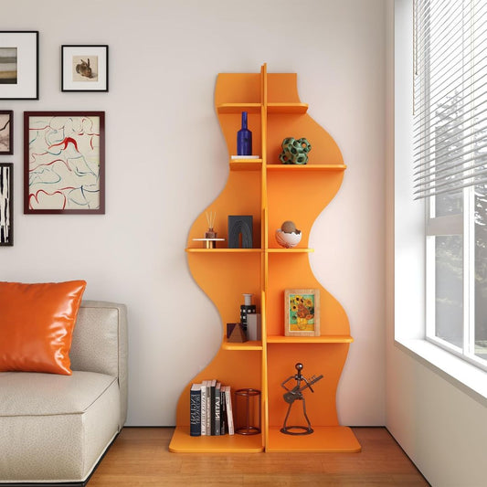 Tall orange wavy corner bookshelf with five display tiers holding books, ornaments and decorative accessories in a modern living room
