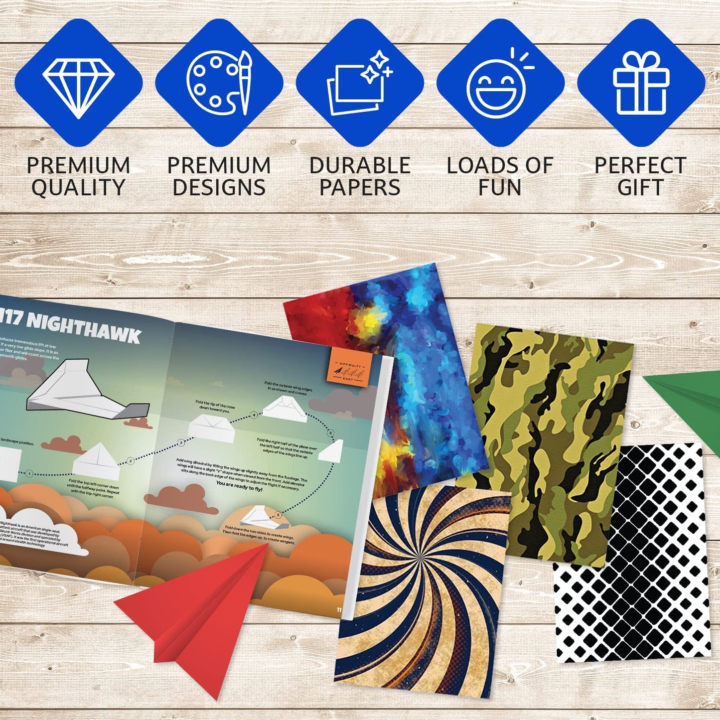 A paper plane creator kit showing some of the contents included.