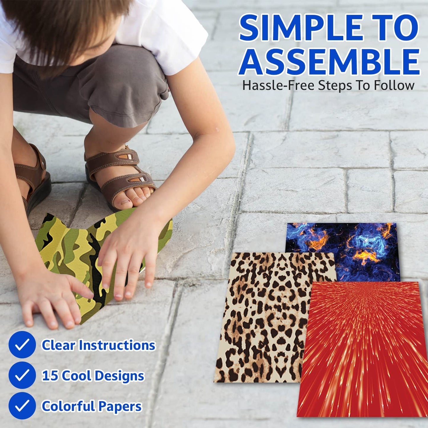 A child is folding a sheet of colorful paper into a paper airplane. The text says, "Simple To Assemble."