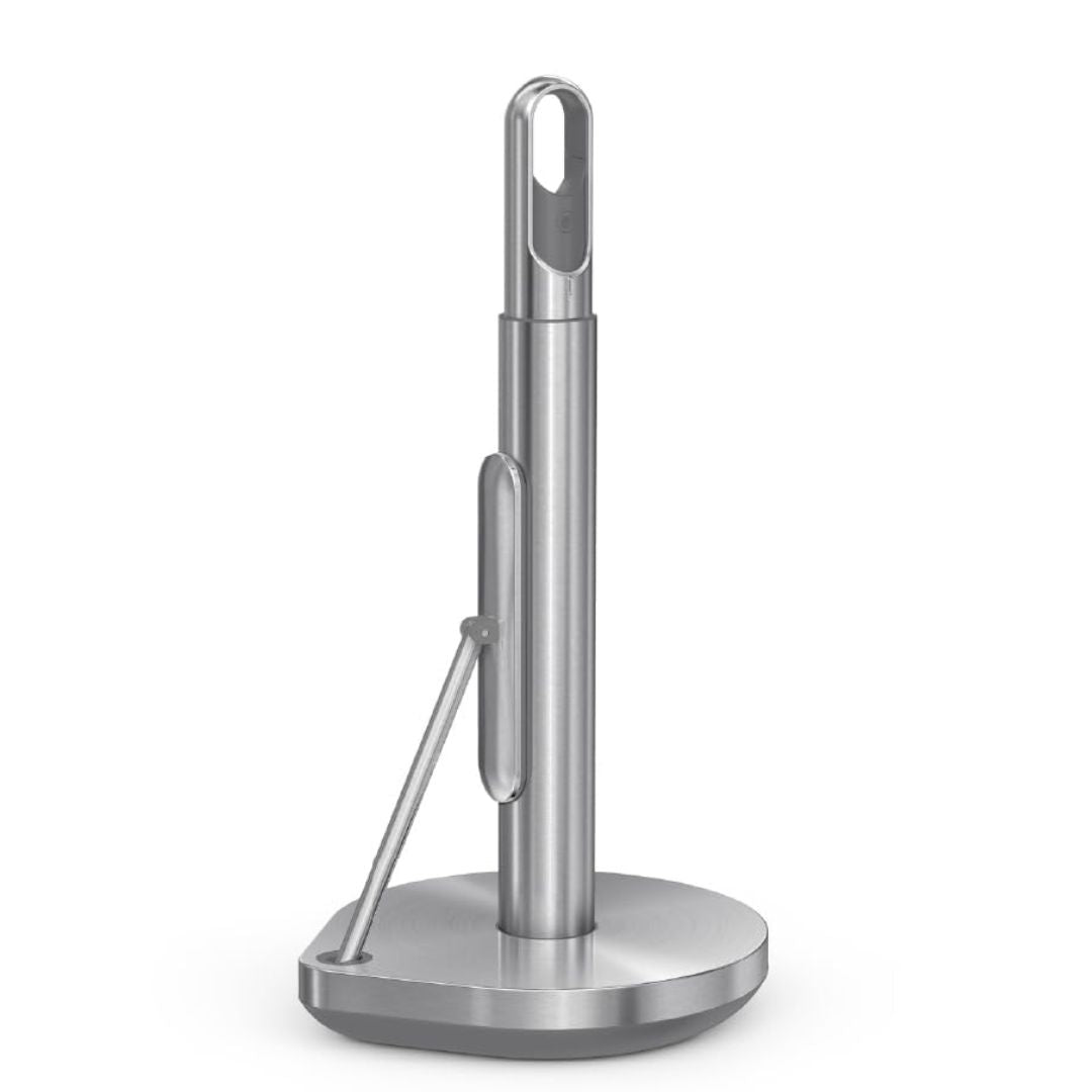 Stainless steel paper towel holder stand with integrated cleaner spray pump and weighted base
