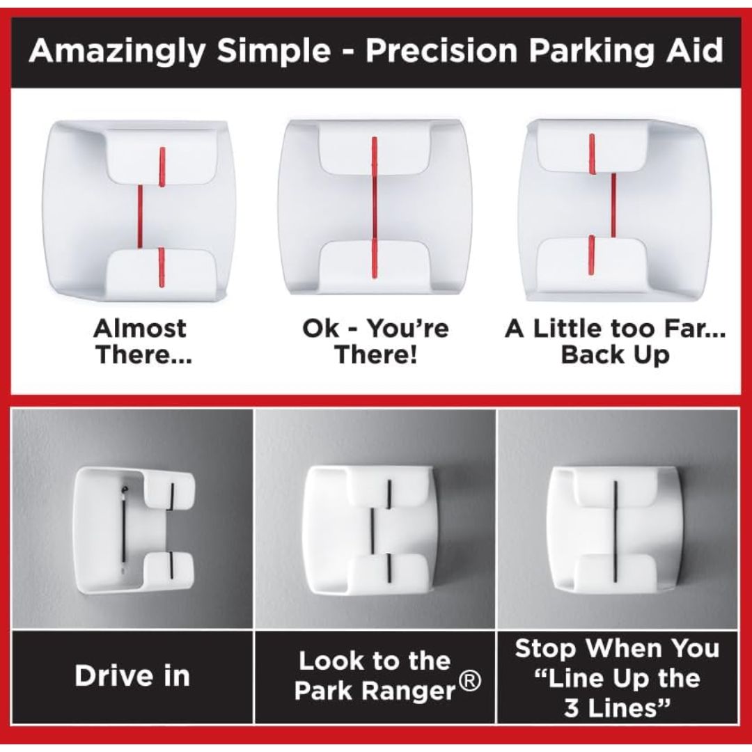 Instructional graphic for a precision parking aid, showing three white plastic guide blocks with red center lines at the top and three corresponding guide blocks at the bottom labeled 'Drive in', 'Look to the Park Ranger', and 'Stop When You Line Up the 3 Lines'.