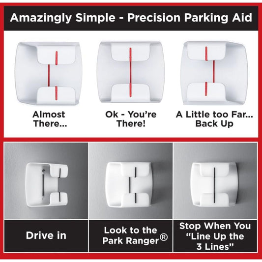 Instructional graphic for a precision parking aid, showing three white plastic guide blocks with red center lines at the top and three corresponding guide blocks at the bottom labeled 'Drive in', 'Look to the Park Ranger', and 'Stop When You Line Up the 3 Lines'.