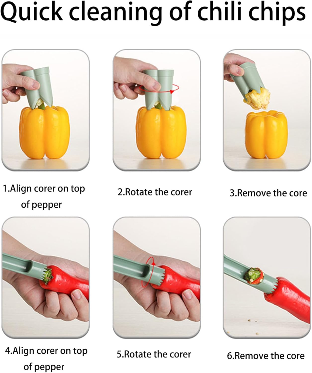 Six-step guide showing a green pepper corer tool used to core a yellow bell pepper and a red chili pepper, with steps labeled: align, rotate, and remove the core.