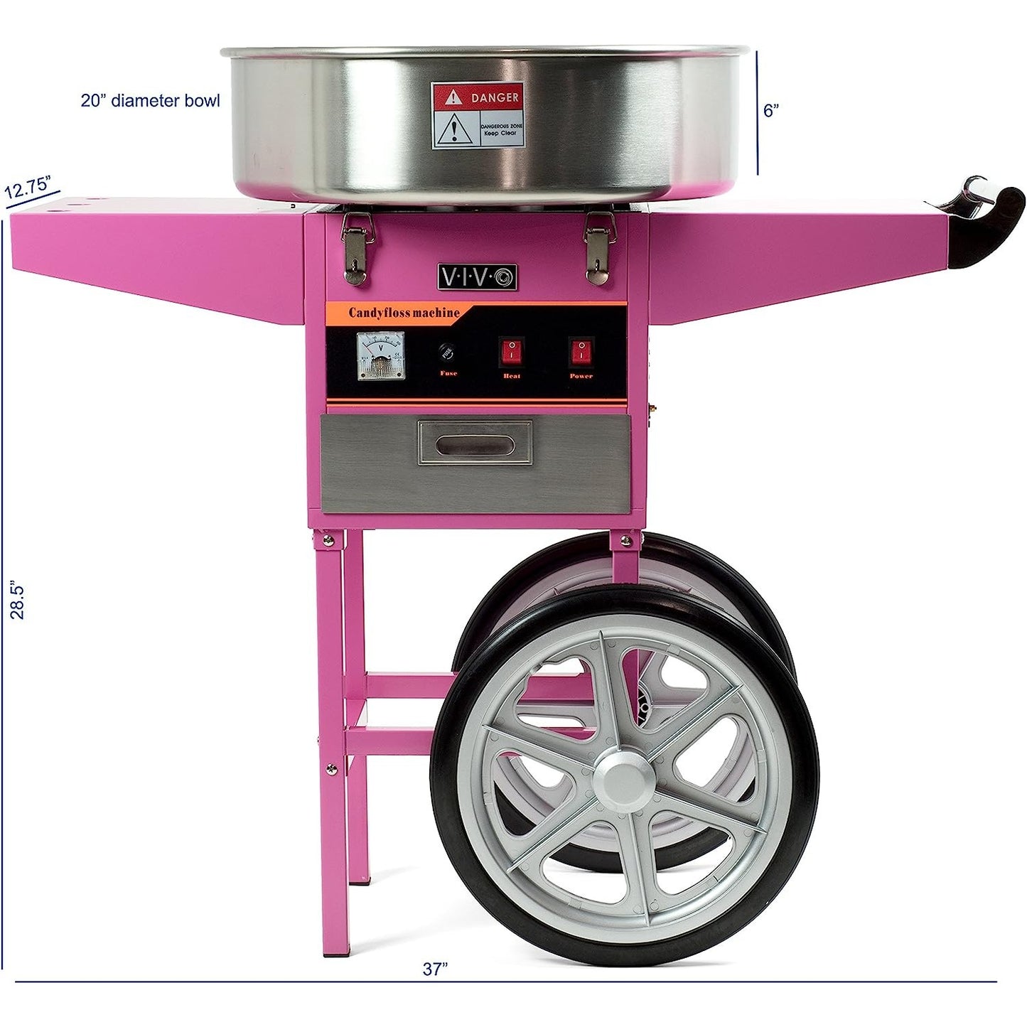 A pink cotton candy machine with cart.