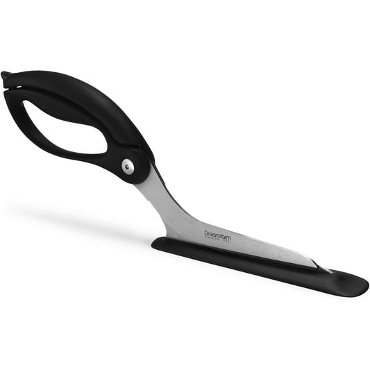A pair of black and silver pizza cutting scissors with ergonomic handles and a sleek metal blade, shown on a clean white background.
