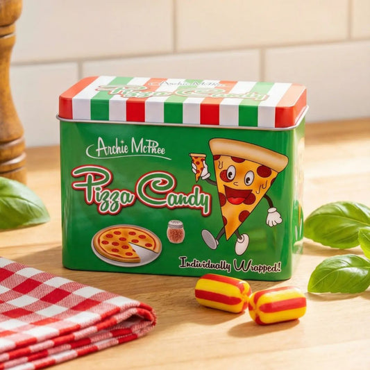 Green tin labeled 'Pizza Candy' with cartoon pizza slice on a kitchen counter.