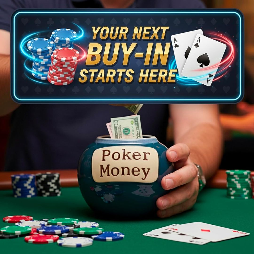 Poker money jar with playing cards and chips on a green felt table.