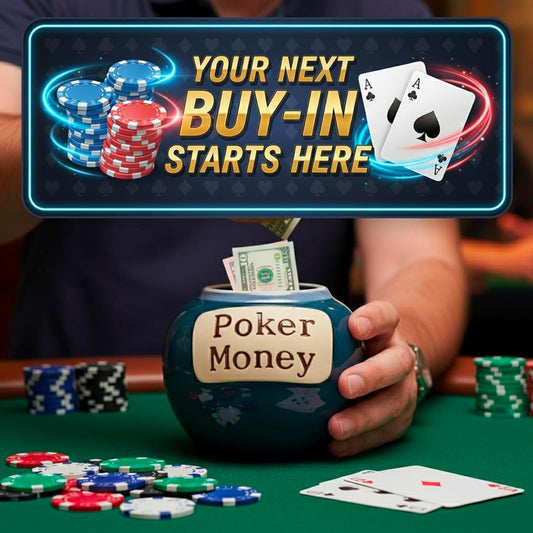 Poker money jar with playing cards and chips on a green felt table.