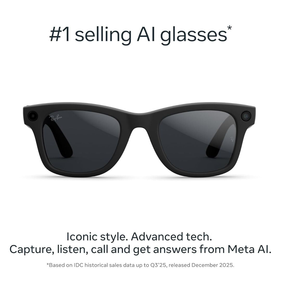 Black AI glasses with text highlighting their popularity and features on a white background