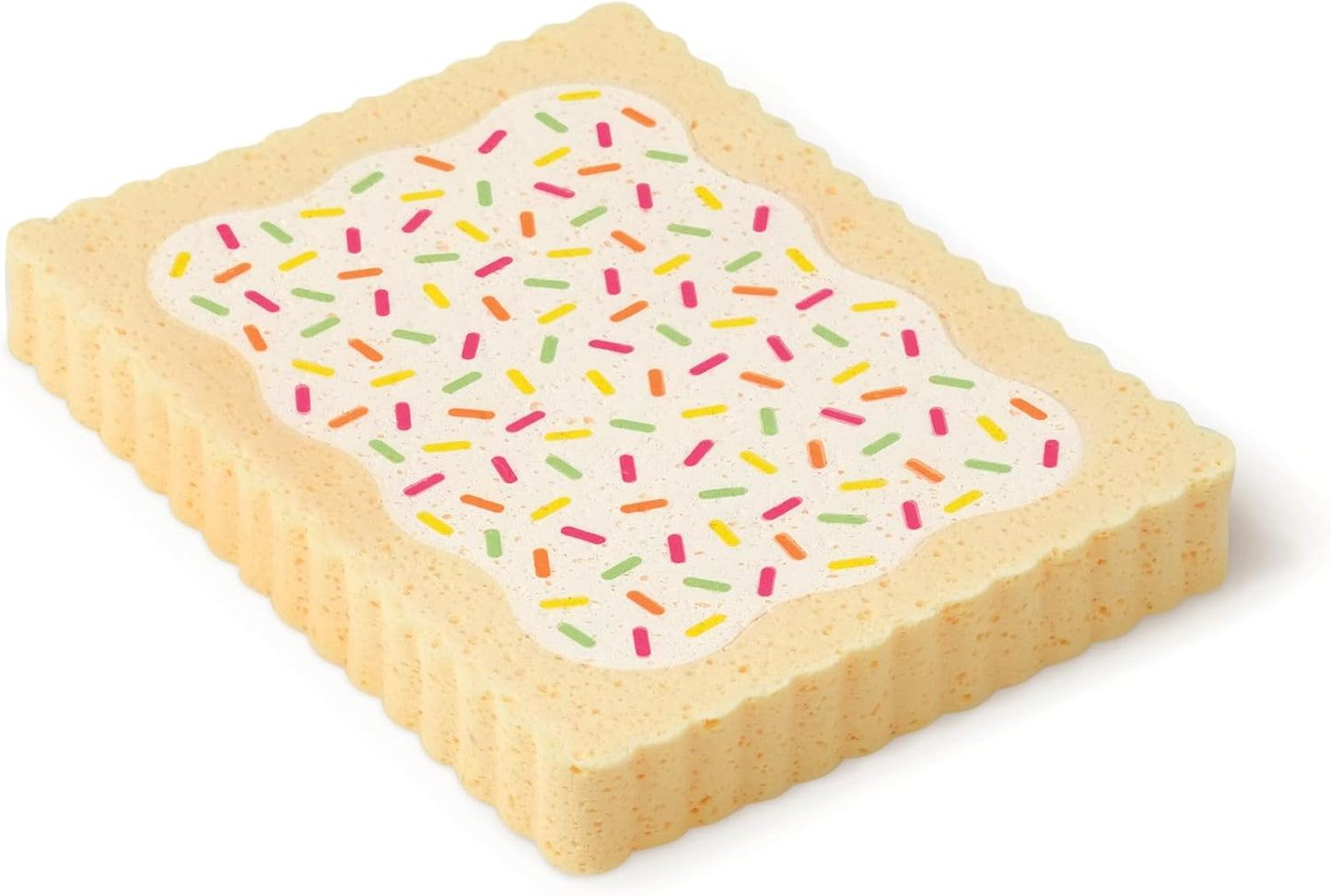 A single beige kitchen sponge shaped like a Pop-Tart with white icing and colorful sprinkles, on a white background.