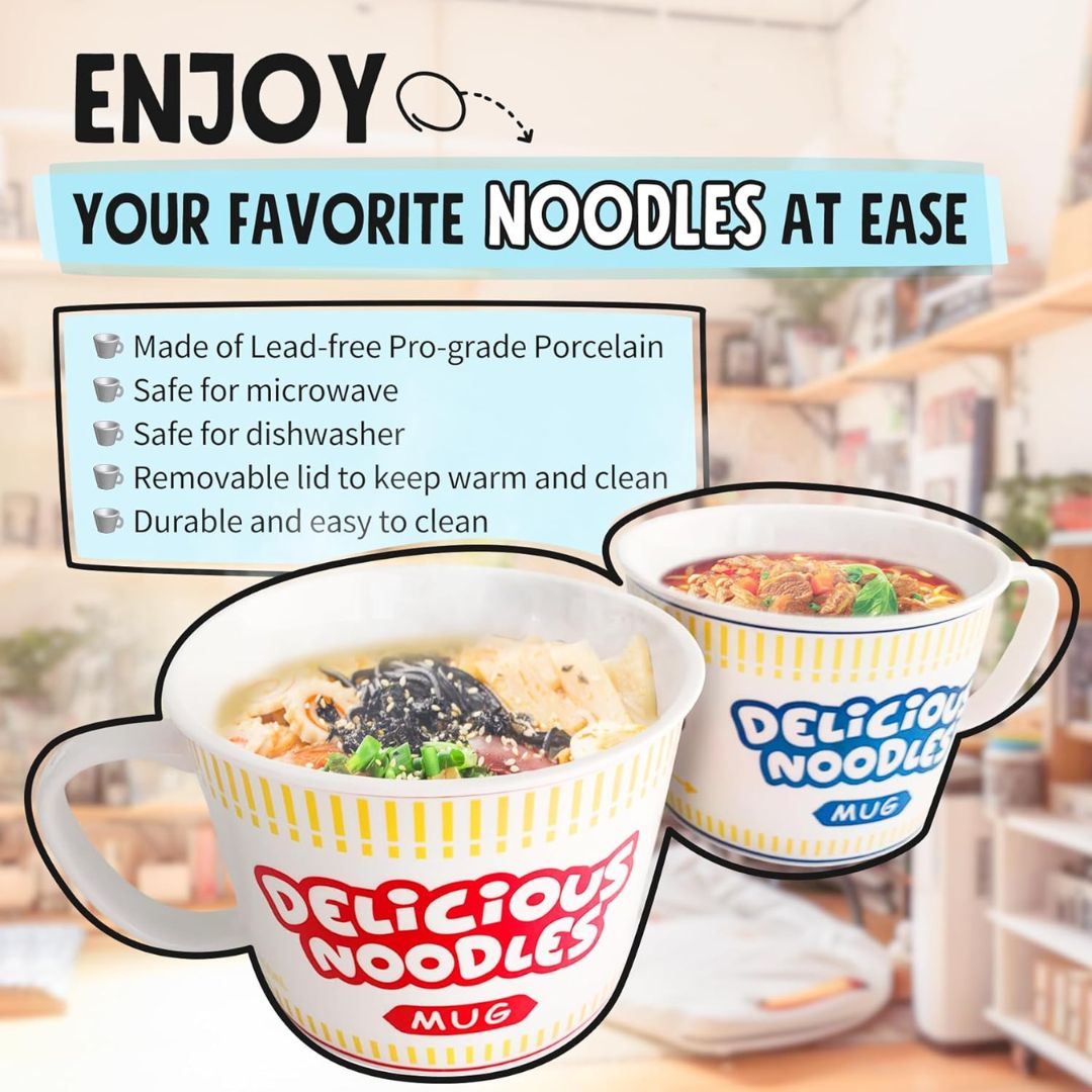 Two 'Delicious Noodles' mugs with noodles inside, set against a blurred home background.