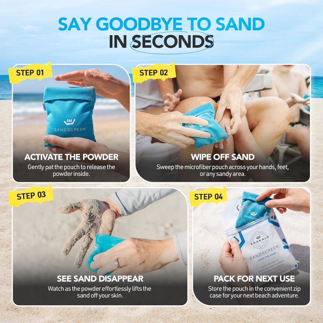 A portable beach sand removal bag being used in different scenarios on the beach with text that says 'say goodbye to sand in seconds'