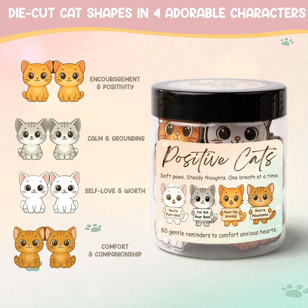 Jar of 'Positive Cats' with die-cut cat shapes on a gradient background