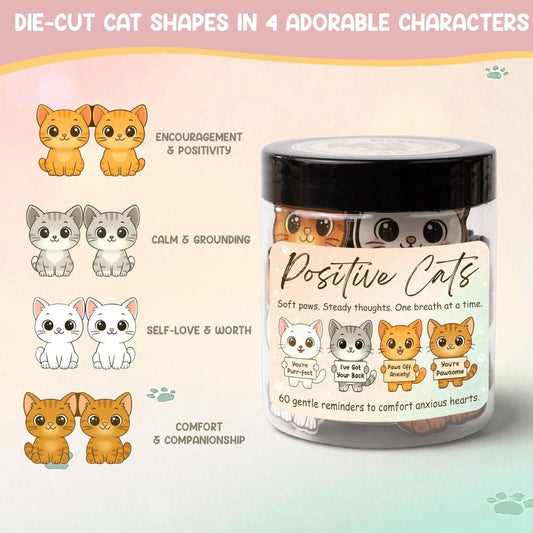 Jar of 'Positive Cats' with die-cut cat shapes on a gradient background