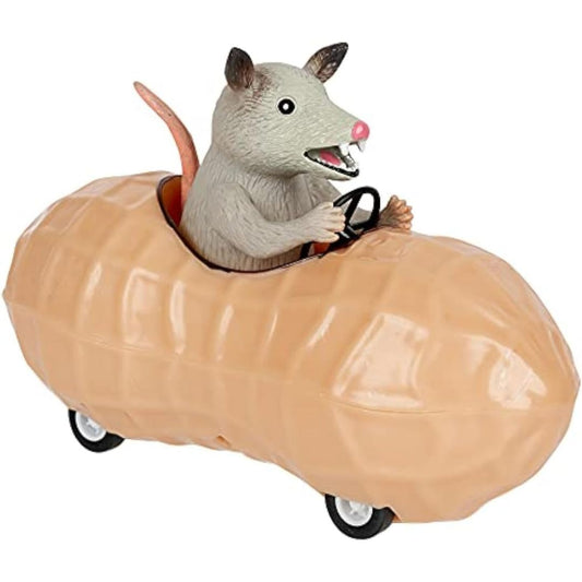 Archie McPhee Possum in a Peanut pull back toy car with gray possum figure, steering wheel and small wheels