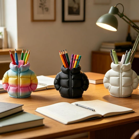 Three puffer jacket-shaped pencil holders in pastel rainbow, black, and white, filled with colored pencils, arranged on a wooden desk in a cozy room setting with a lamp, notebooks, and framed wall art.
