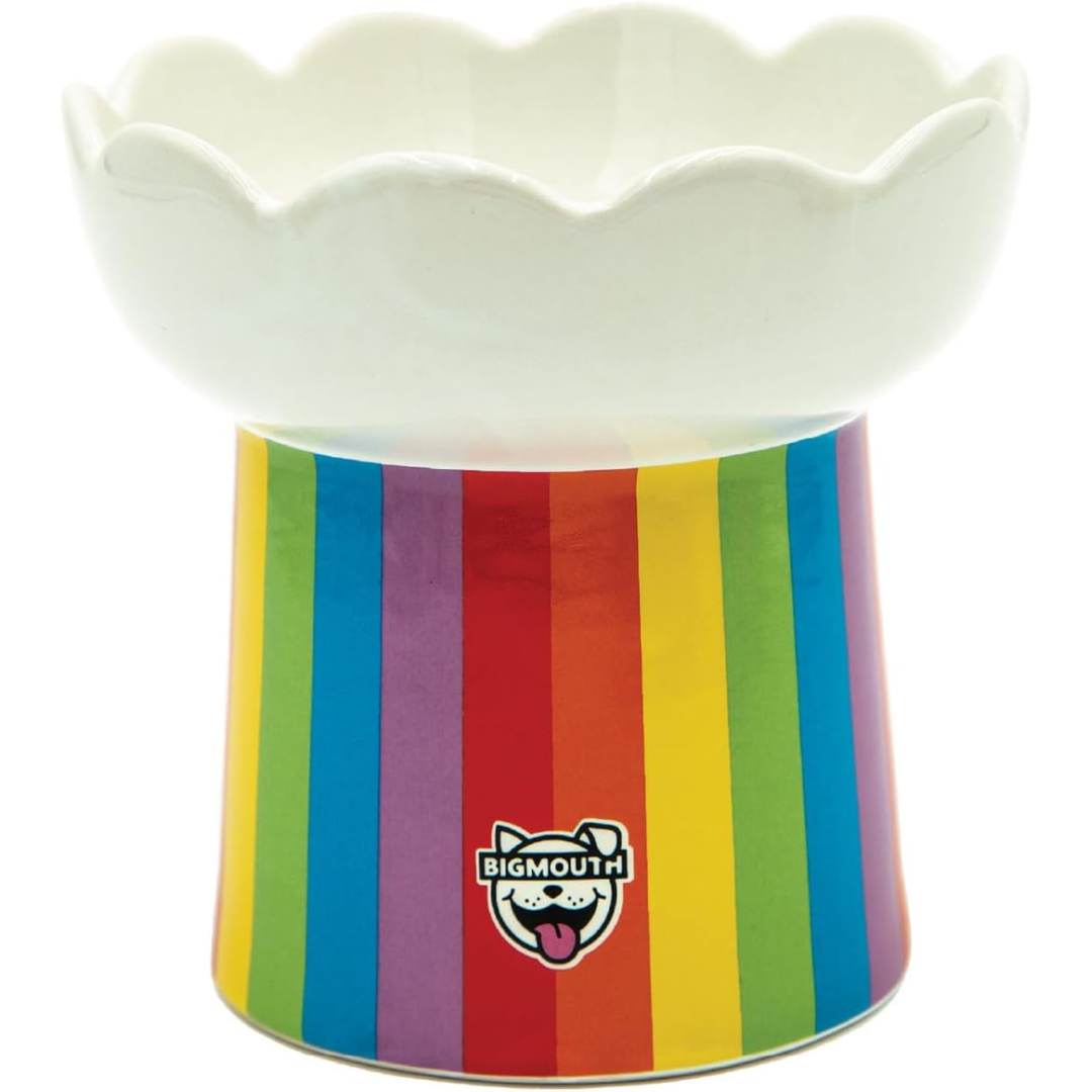 Elevated cat bowl with a scalloped white top and rainbow-striped base featuring the BigMouth logo.