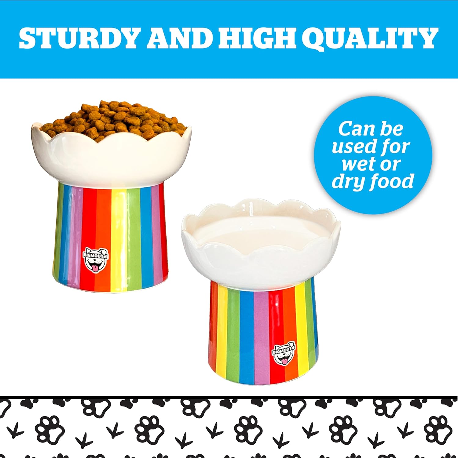 Two rainbow-striped elevated bowls, one with dry food and one empty; text highlights durability and use for wet or dry food.