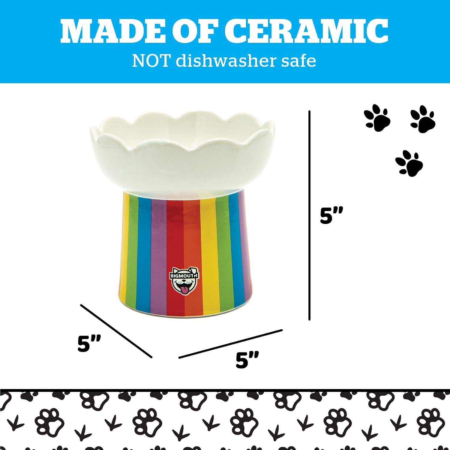 Ceramic rainbow-striped elevated bowl with scalloped top; labeled 5" tall and wide; text notes it is not dishwasher safe.