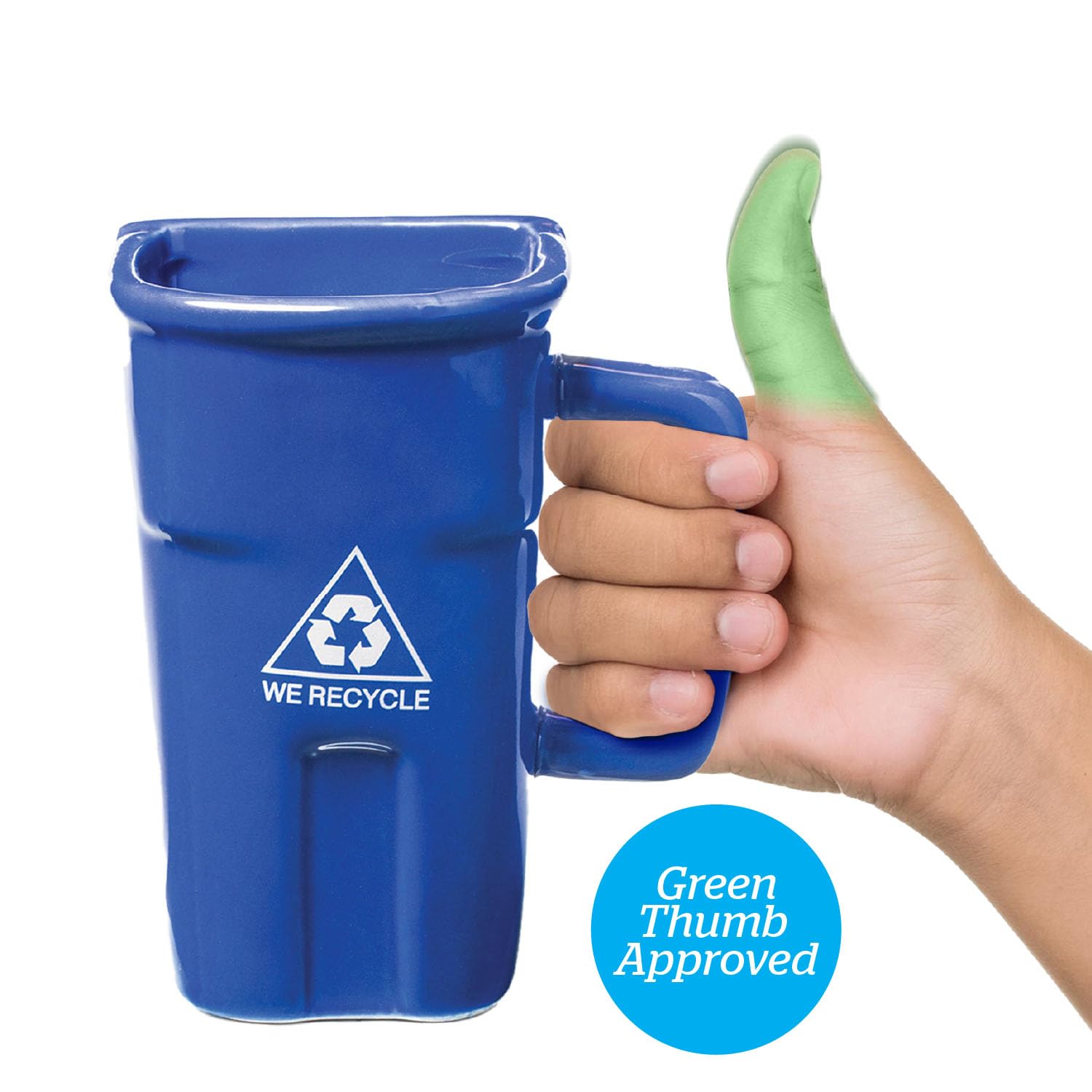 A hand holds a blue coffee mug shaped like a recycling bin, with a "We Recycle" logo. A green-painted thumb is raised, with "Green Thumb Approved" text.
