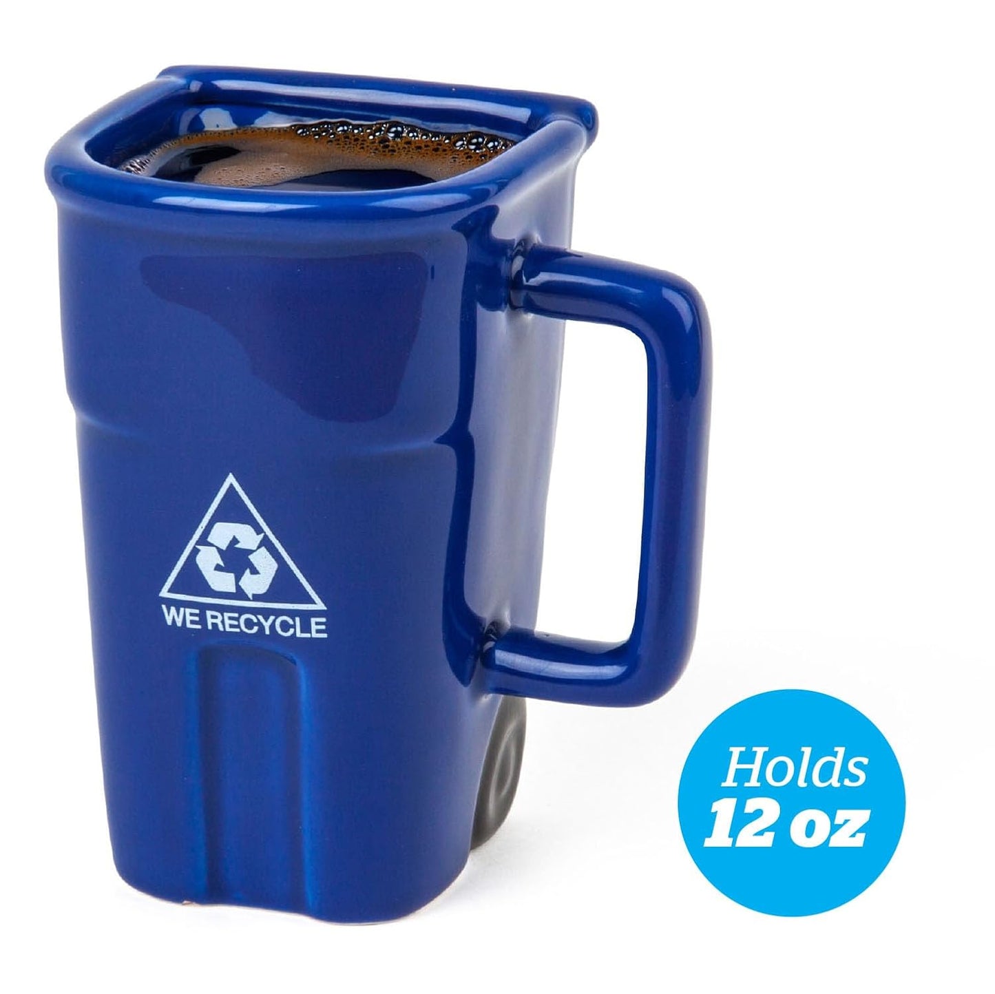 A blue coffee mug designed like a recycling bin, filled with coffee. It has a "We Recycle" logo and a note indicating it holds 12 oz. The mug has small wheels.