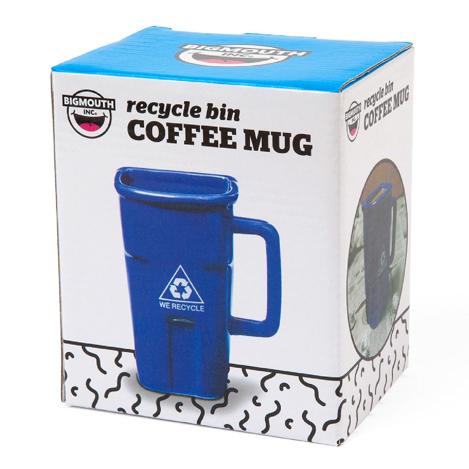 A boxed BigMouth Inc. recycle bin coffee mug. The packaging features an image of the blue mug shaped like a recycling bin with "WE RECYCLE" printed on it.