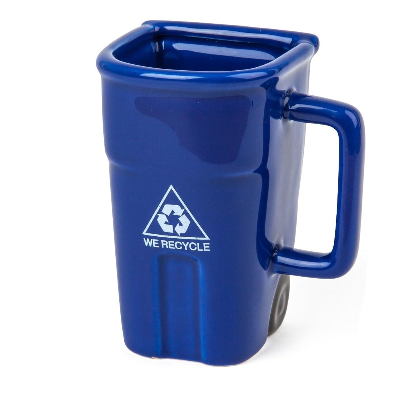 An empty blue coffee mug shaped like a recycling bin. It features a recycling symbol and "WE RECYCLE" text on the front, with a handle on the side.