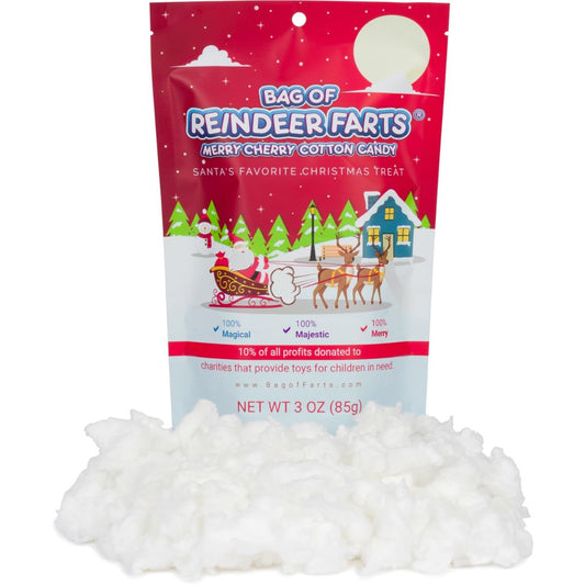 Bag of reindeer farts cotton candy with a festive design on the packaging.