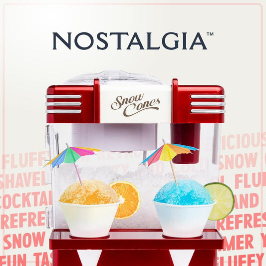 Nostalgia snow cone machine with two cups of shaved ice and colorful umbrellas on a pink background with text.