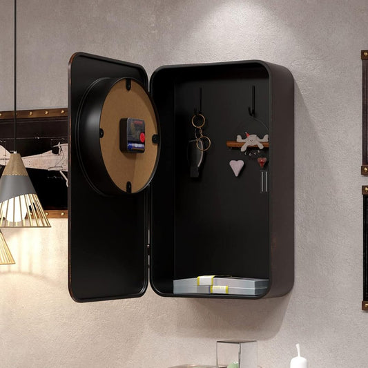 A vintage looking retro wall clock telephone with the front opened to reveal a hidden safe.