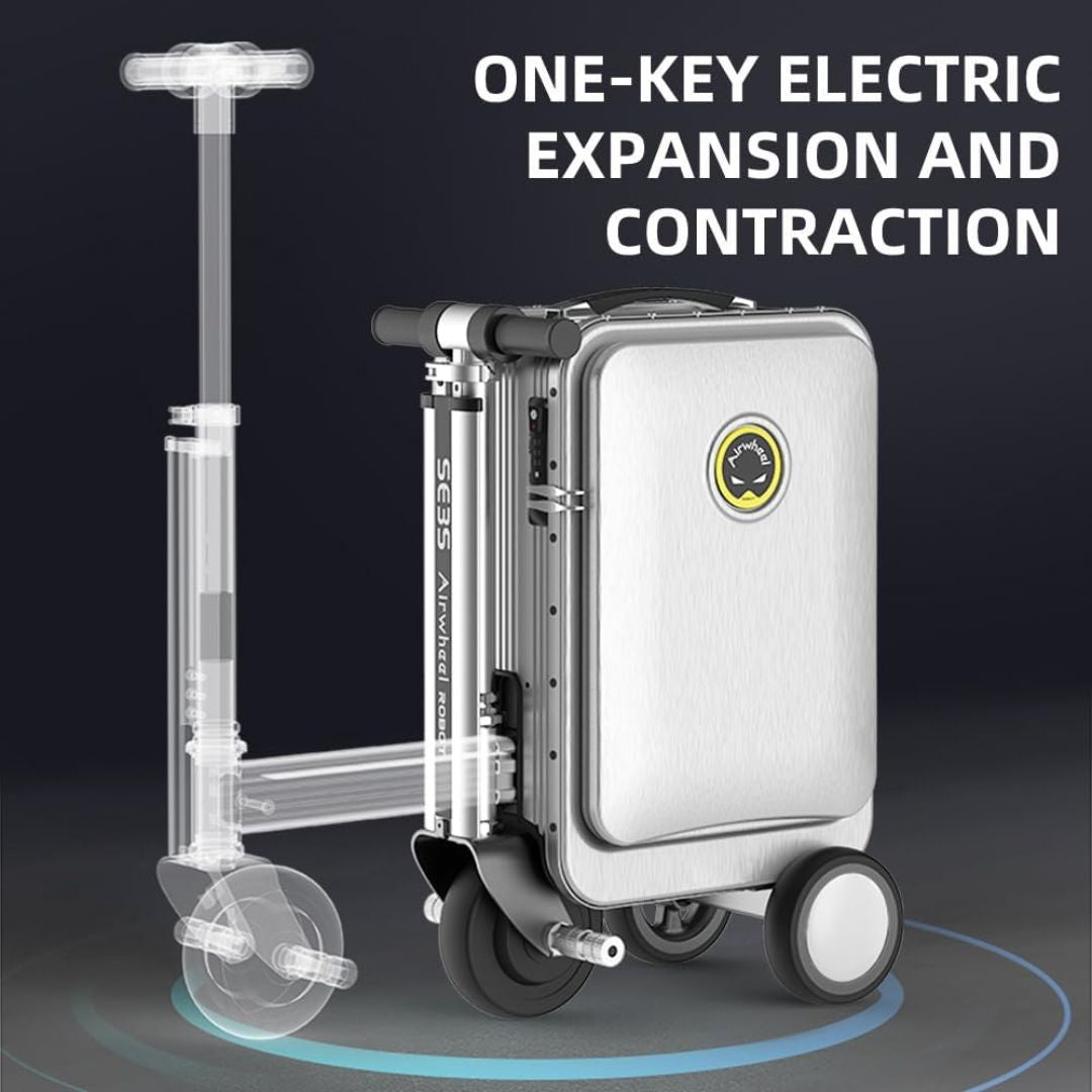 Silver rideable motorised suitcase with scooter attachment and 'ONE-KEY ELECTRIC EXPANSION AND CONTRACTION' text on a dark background