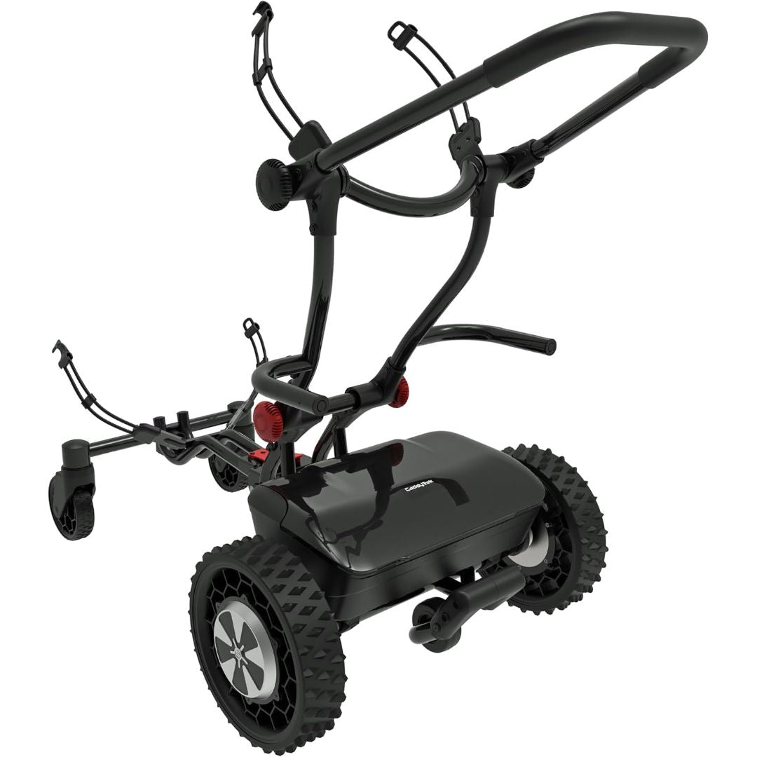 CaddyTrek R2 robotic electric golf cart bag caddy with large all-terrain wheels and adjustable bag support frame