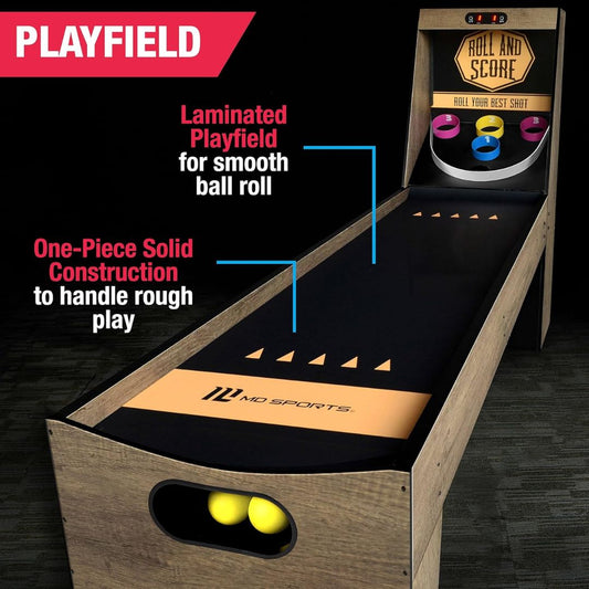 A wooden roll and score electronic arcade game with text highlights about the game.