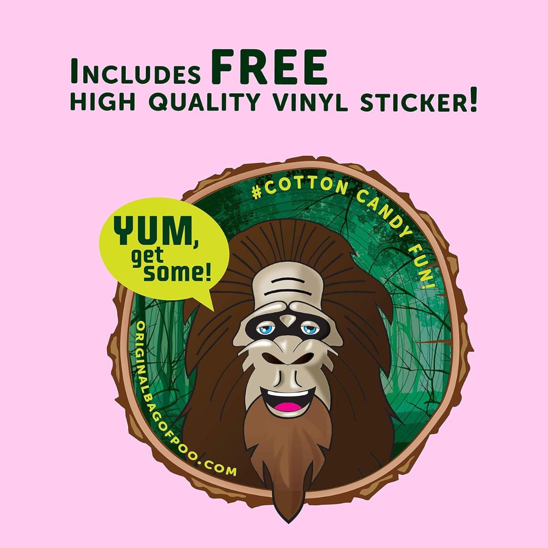 Sticker with a cartoon character and promotional text on a pink background