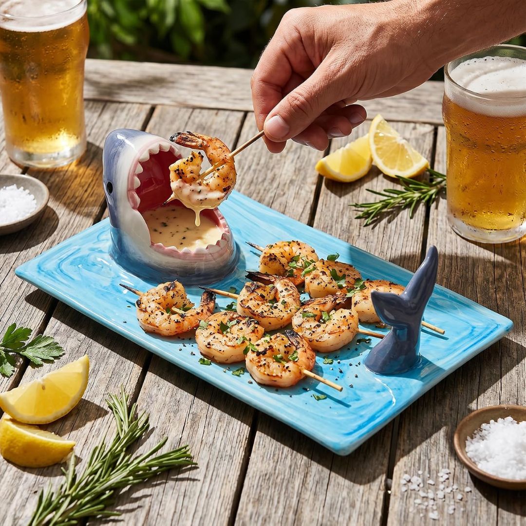Shark serving platter with dipping sauce bowl, grilled shrimp skewers, lemon wedges and cold beers