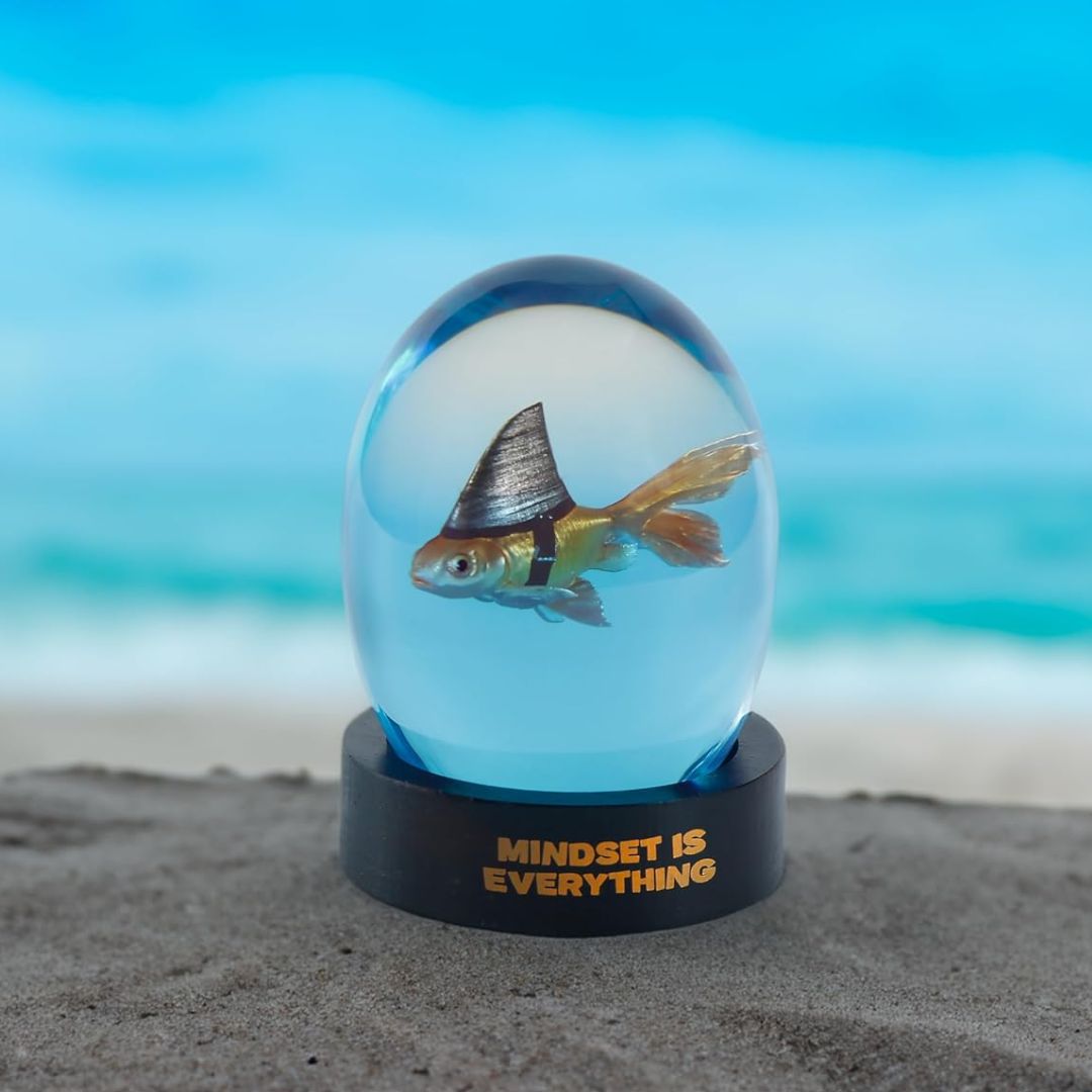 A funny paperweight with a goldfish wearing a shark's fin in a blue globe with text printed on the globe reading, 'Mindset is Everything' with a beach background