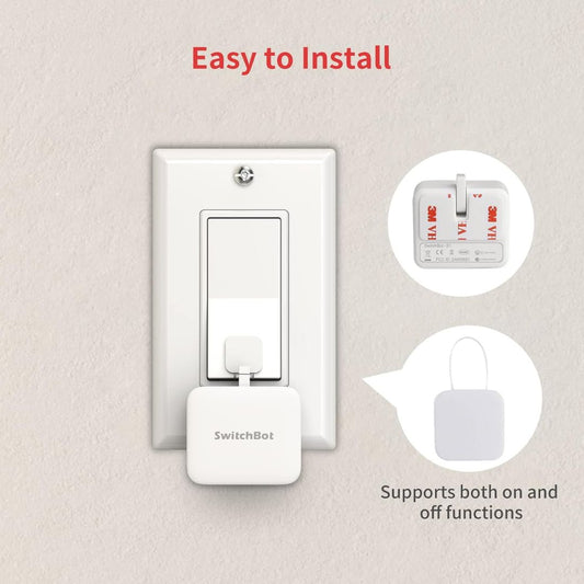 SwitchBot button pusher device attached to a wall switch with text indicating ease of installation and function support.