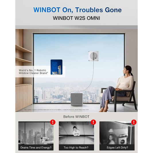 Advertisement for WINBOT W2S OMNI window cleaning robot with a woman sitting by a large window.