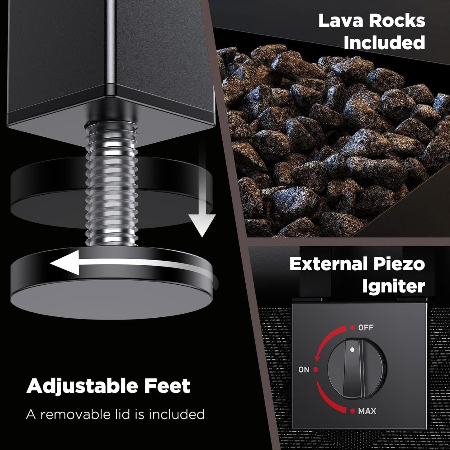 Detailed view of adjustable feet, lava rocks, and external Piezo igniter features for a smokeless outdoor fire pit.