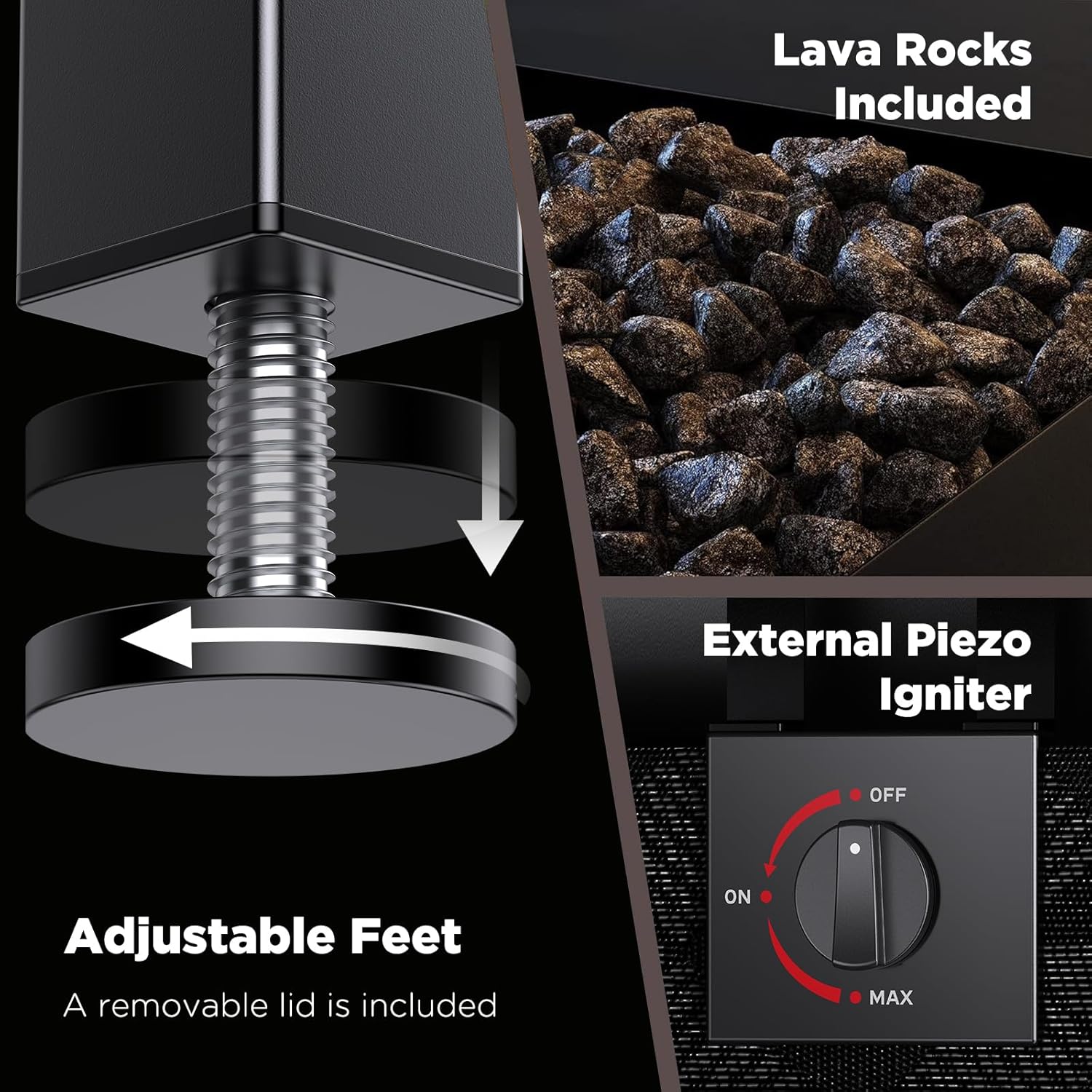 Detailed view of adjustable feet, lava rocks, and external Piezo igniter features for a smokeless outdoor fire pit.